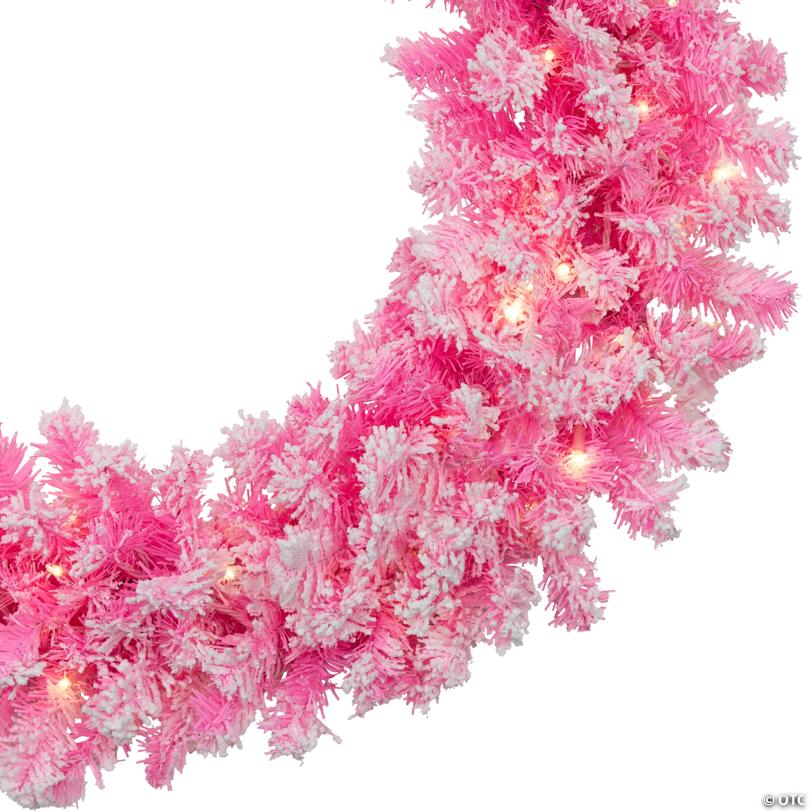 Pre-Lit Artificial Flocked Pine Christmas Wreath - 36" - Pink - Clear Lights