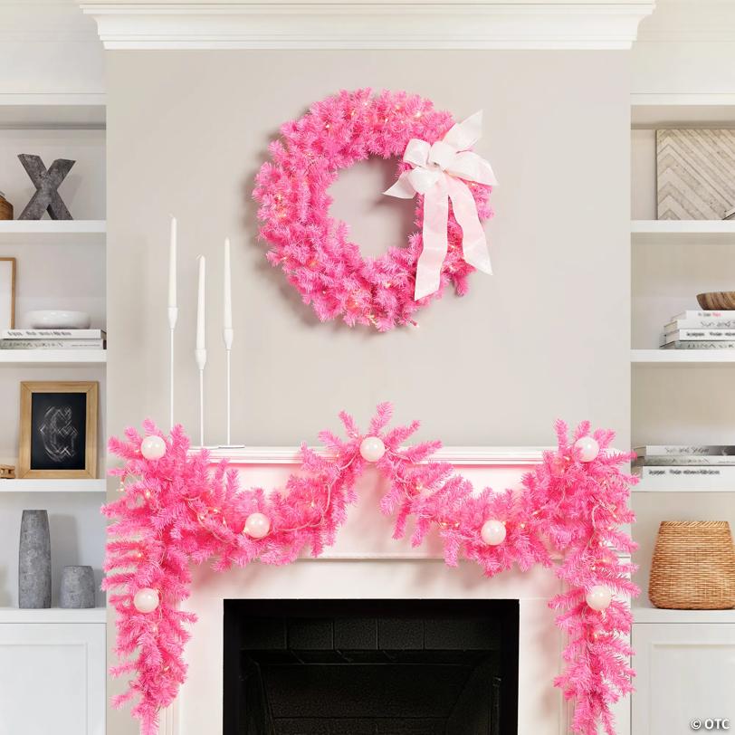Pre-Lit Artificial Pine Christmas Garland - 9' - Pink - Clear Lights