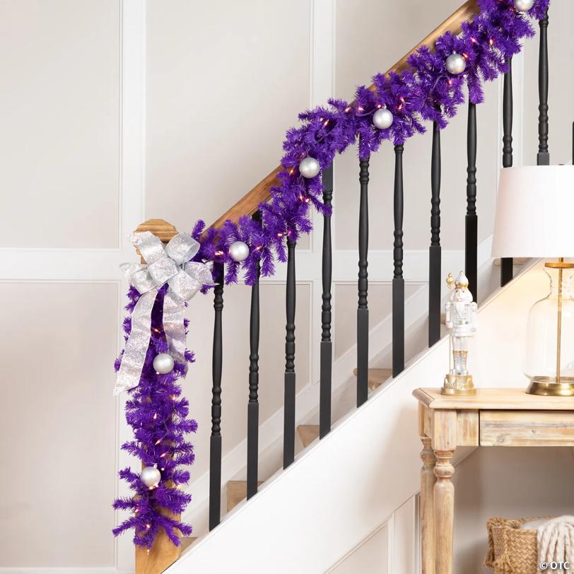 Pre-Lit Artificial Pine Christmas Garland - 9' - Purple - Clear Lights