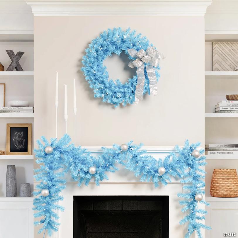 Pre-Lit Artificial Pine Christmas Garland - 9' - Sky Blue - Clear Lights