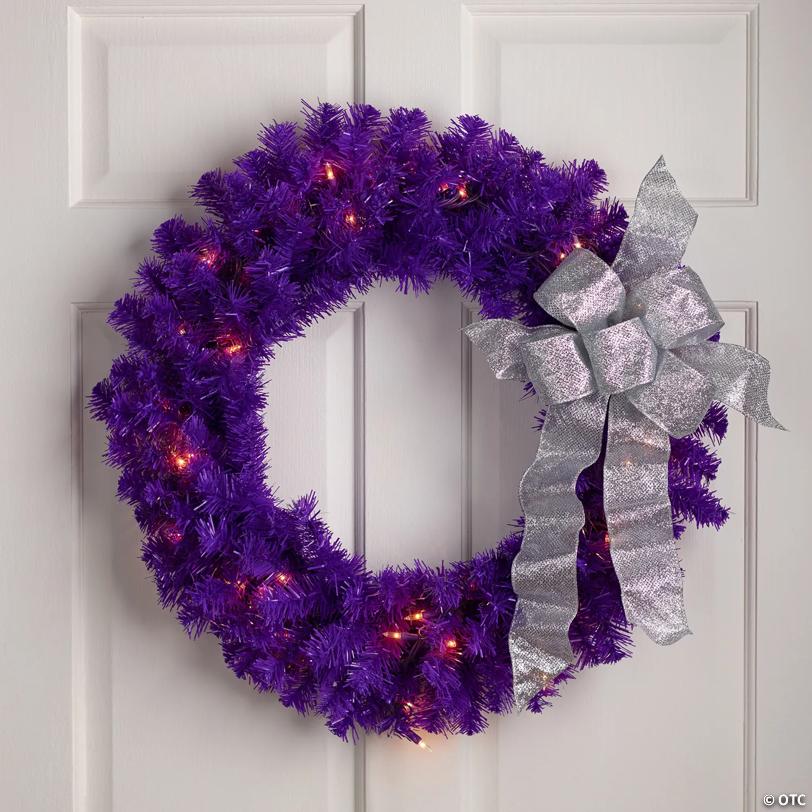 Pre-Lit Artificial Pine Christmas Wreath - 24" - Purple - Clear Lights