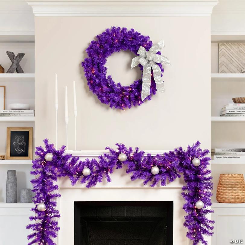 Pre-Lit Artificial Pine Christmas Wreath - 24" - Purple - Clear Lights