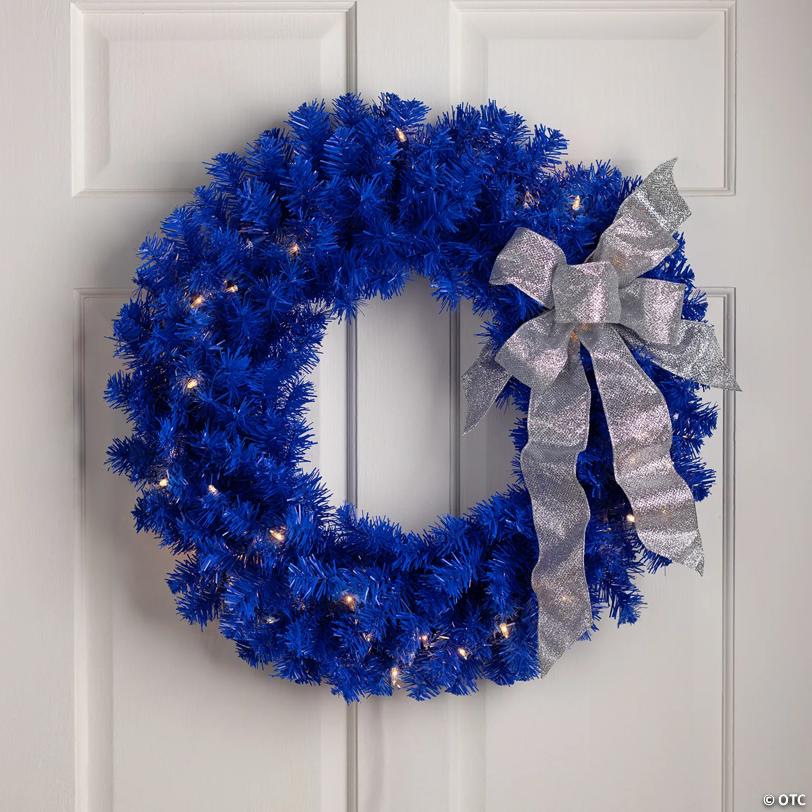 Pre-Lit Artificial Pine Christmas Wreath - 24" - Royal Blue - Clear Lights