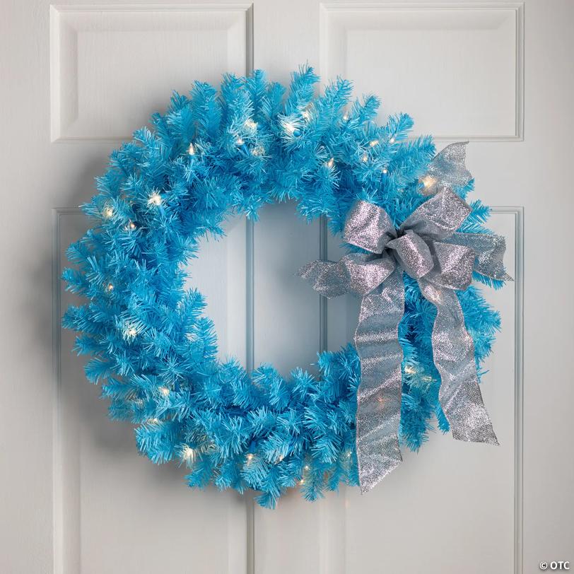 Pre-Lit Artificial Pine Christmas Wreath - 24" - Sky Blue  - Clear Lights