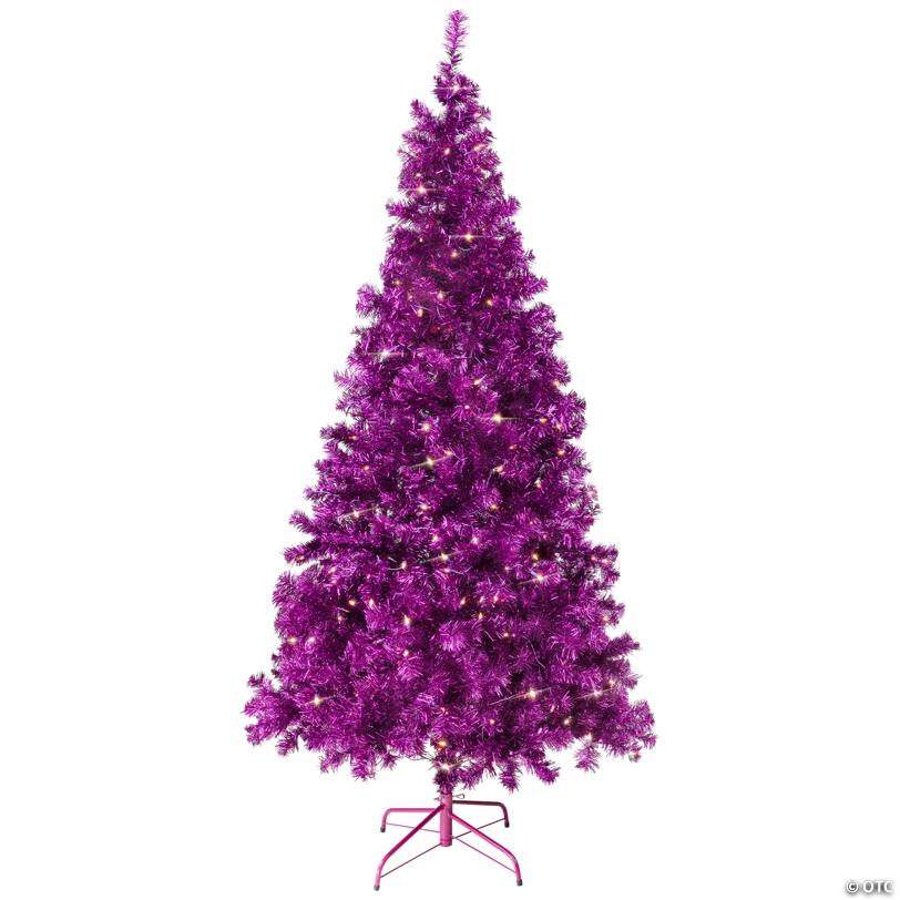 Pre-Lit Artificial Tinsel Christmas Tree - 9' - Purple - Clear Lights
