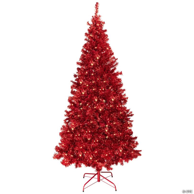 Pre-Lit Artificial Tinsel Christmas Tree - 9' - Red - Clear Lights