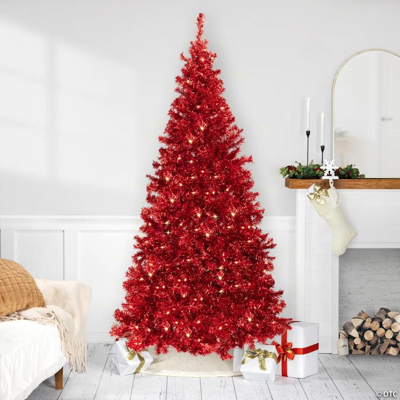Pre-Lit Artificial Tinsel Christmas Tree - 9' - Red - Clear Lights