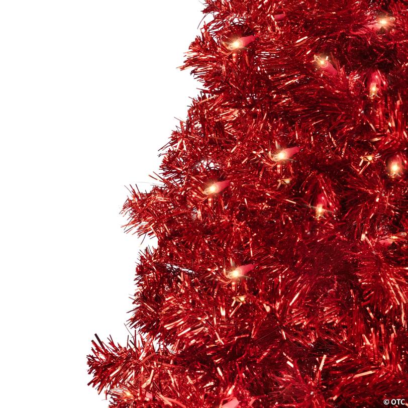 Pre-Lit Artificial Tinsel Christmas Tree - 9' - Red - Clear Lights