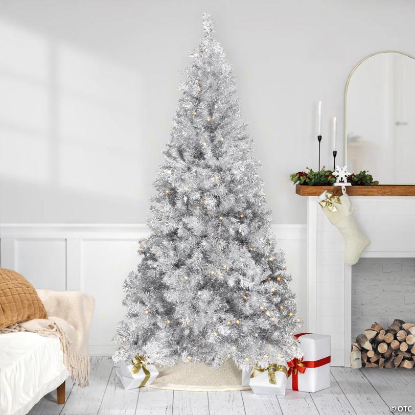 Pre-Lit Artificial Tinsel Christmas Tree - 9' - Silver - Clear Lights