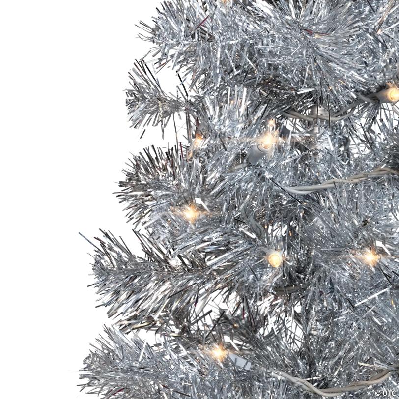 Pre-Lit Artificial Tinsel Christmas Tree - 9' - Silver - Clear Lights