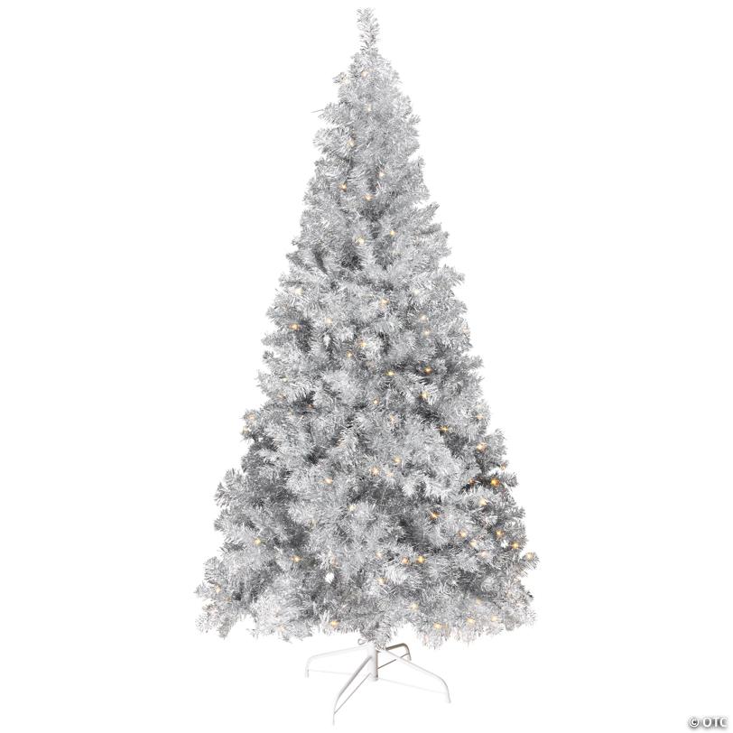 Pre-Lit Artificial Tinsel Christmas Tree - 9' - Silver - Clear Lights