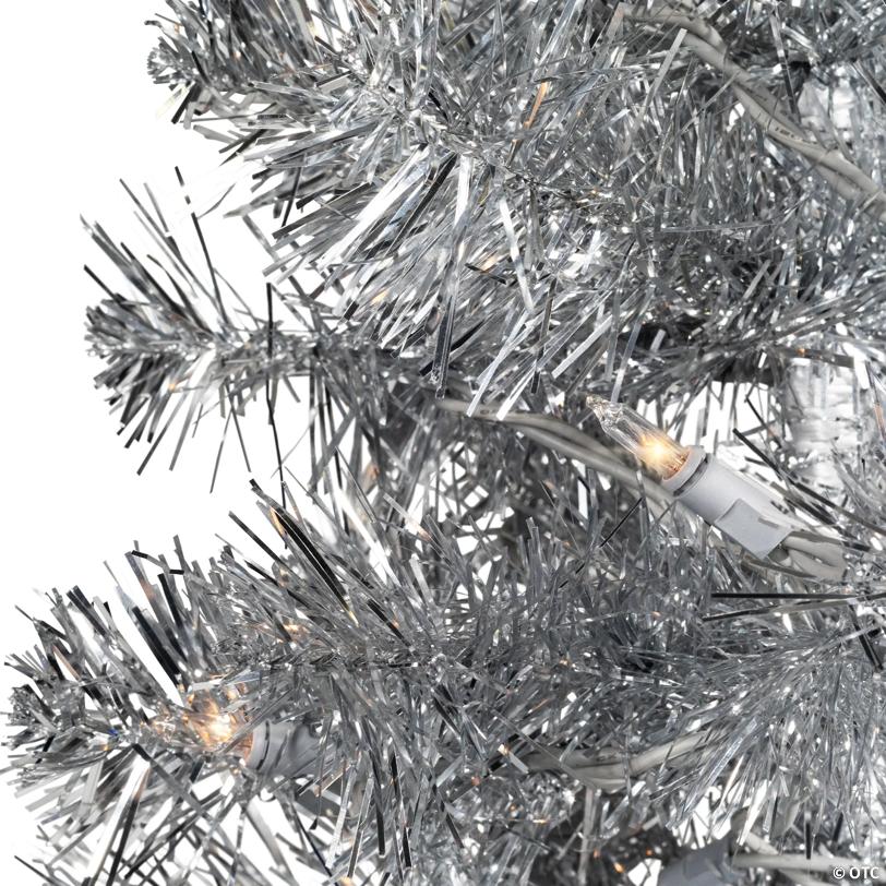 Pre-Lit Artificial Tinsel Christmas Tree - 9' - Silver - Clear Lights