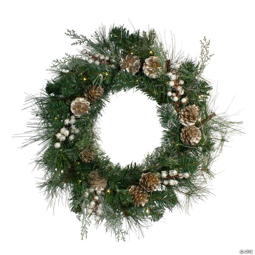 Pre-Lit Battery Operated Pine Cone and Berry Mixed Pine Christmas Wreath - 22" - Clear LED Lights