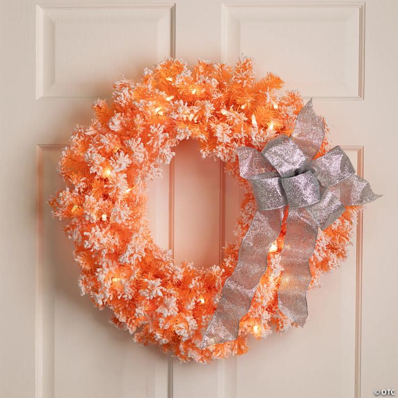 Pre-Lit Flocked Pine Artificial  Christmas Wreath - 24" - Orange  - Clear Lights