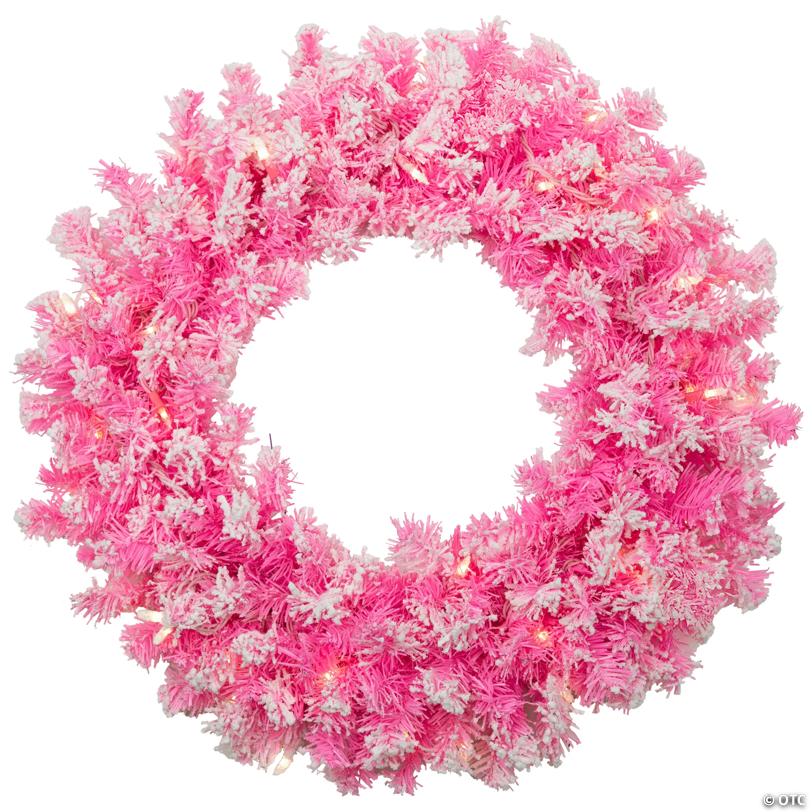 Pre-Lit Flocked Pine Artificial  Christmas Wreath - 24" - Pink - Clear Lights