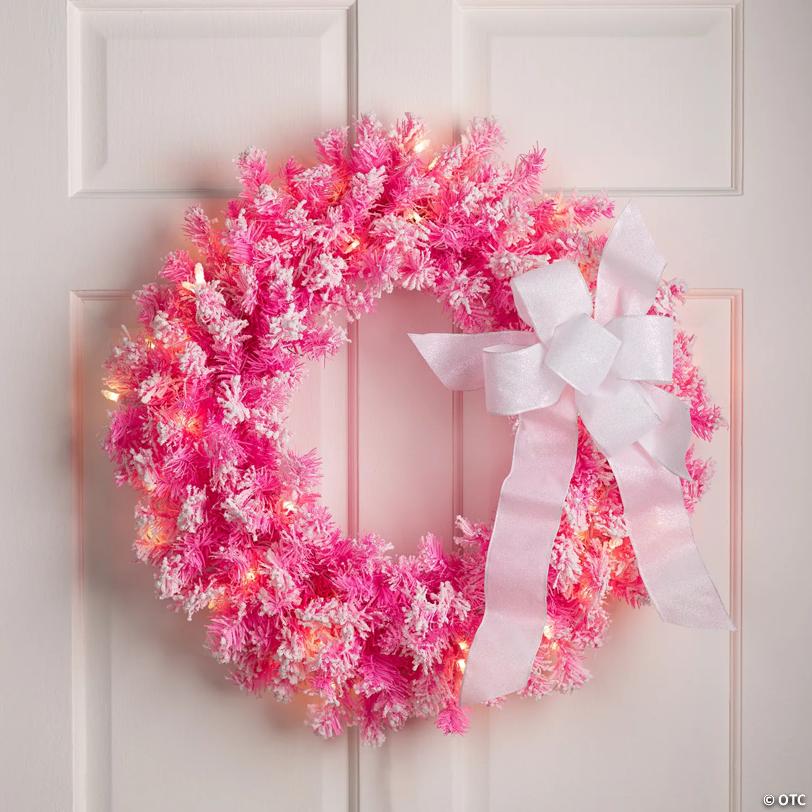 Pre-Lit Flocked Pine Artificial  Christmas Wreath - 24" - Pink - Clear Lights