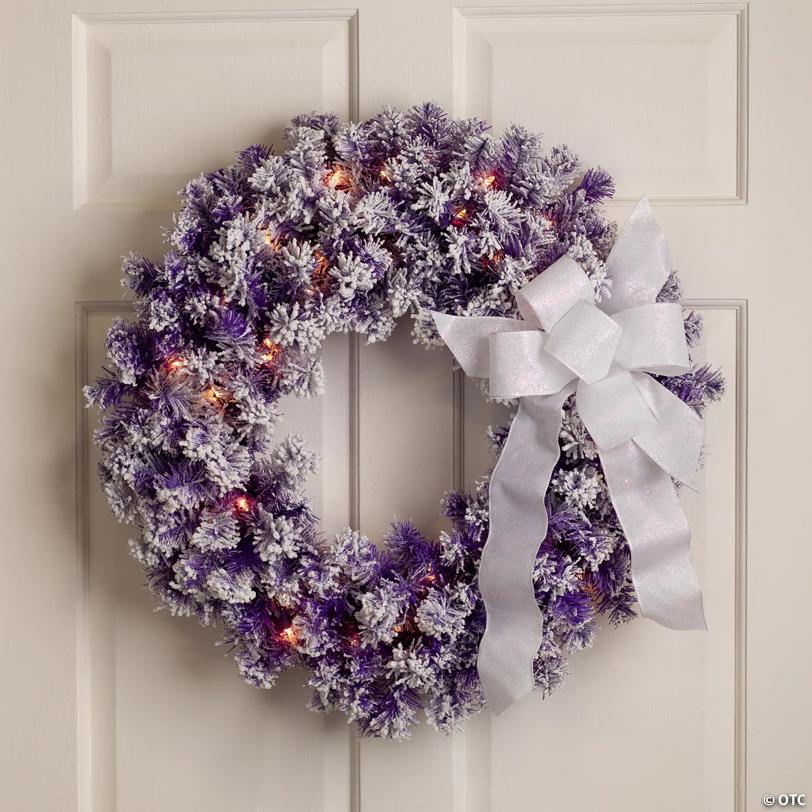 Pre-Lit Flocked Pine Artificial  Christmas Wreath - 24" - Purple - Clear Lights