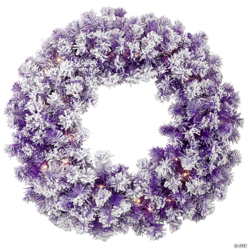 Pre-Lit Flocked Pine Artificial  Christmas Wreath - 24" - Purple - Clear Lights