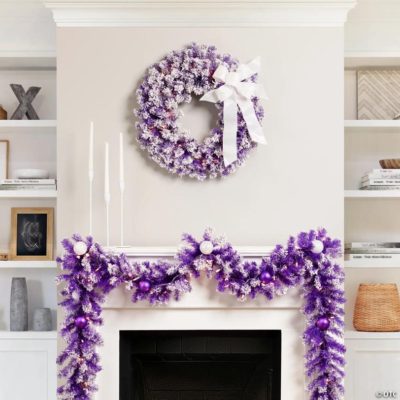 Pre-Lit Flocked Pine Artificial  Christmas Wreath - 24" - Purple - Clear Lights