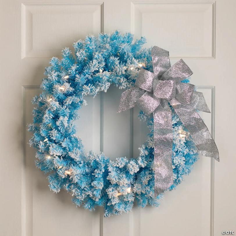 Pre-Lit Flocked Pine Artificial  Christmas Wreath - 24" - Sky Blue - Clear Lights