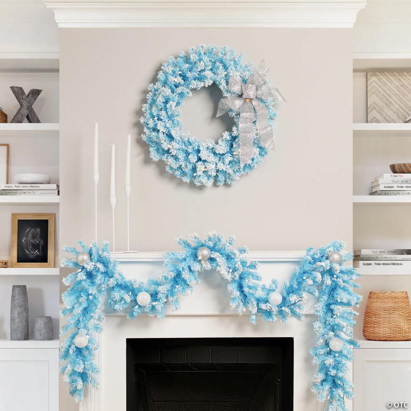 Pre-Lit Flocked Pine Artificial  Christmas Wreath - 24" - Sky Blue - Clear Lights