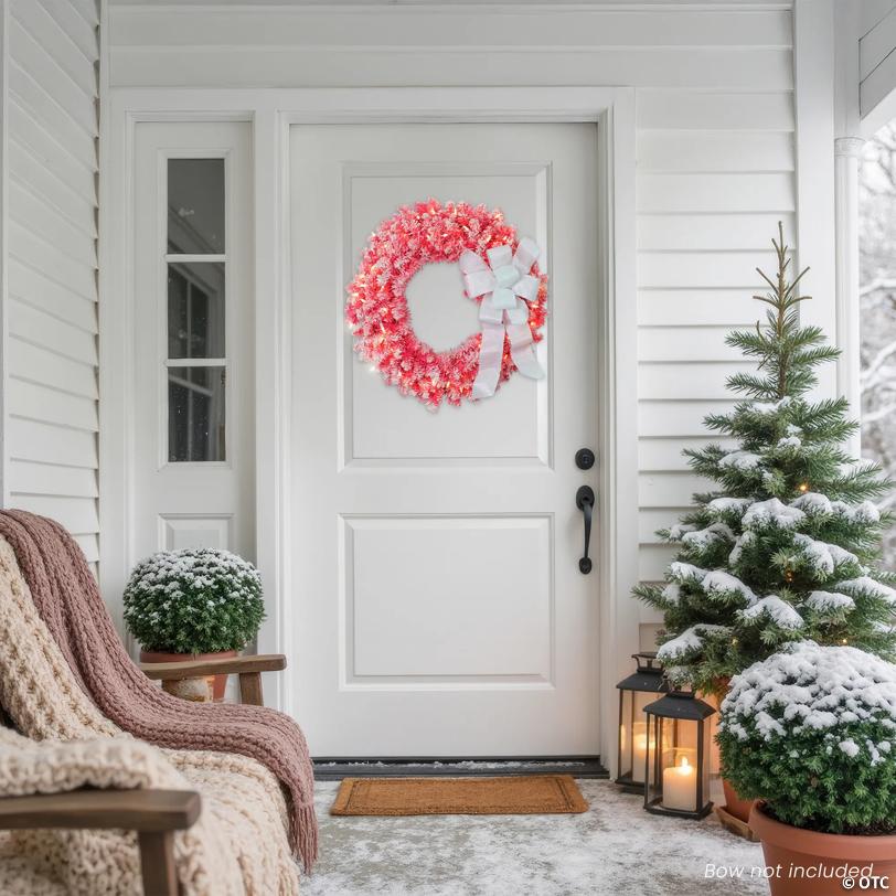 Pre-Lit Flocked Pink Artificial Christmas Wreath - 24-Inch  Clear Lights