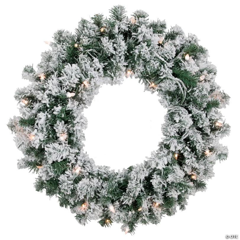 Pre-Lit Flocked Snow White Artificial Christmas Wreath  24-Inch  Clear Lights