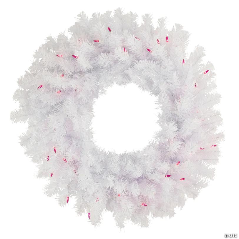 Pre-Lit Geneva Spruce Artificial Christmas Wreath - White - 24" - White - Pink Lights