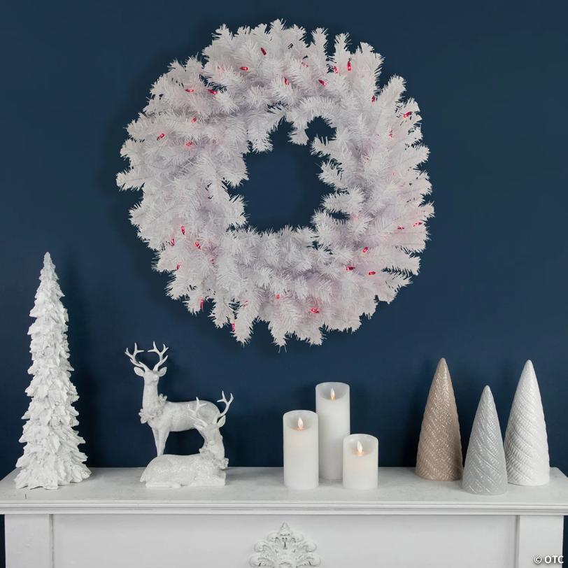 Pre-Lit Geneva Spruce Artificial Christmas Wreath - White - 24" - White - Pink Lights