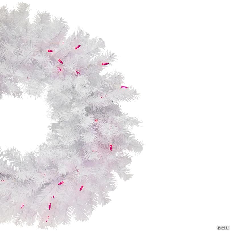 Pre-Lit Geneva Spruce Artificial Christmas Wreath - White - 24" - White - Pink Lights