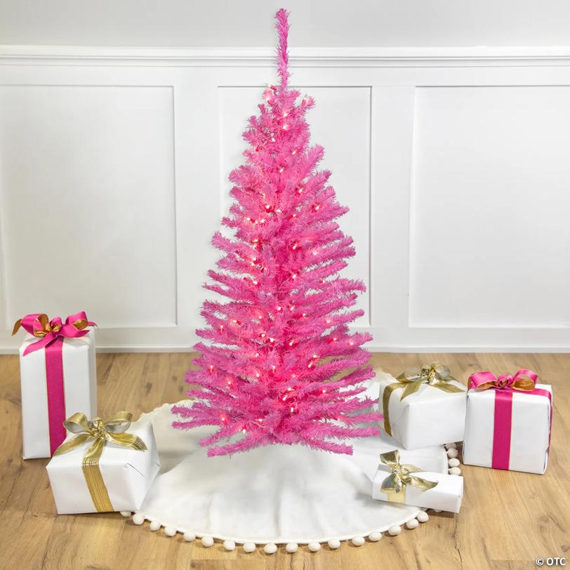 Pre-Lit Medium Artificial Pine Christmas Tree - 4' - Pink - Clear Lights