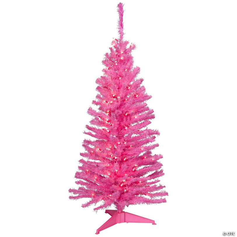 Pre-Lit Medium Artificial Pine Christmas Tree - 4' - Pink - Clear Lights