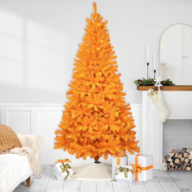 Pre-Lit Medium Artificial Pine Christmas Tree - 7' - Orange - Clear Lights