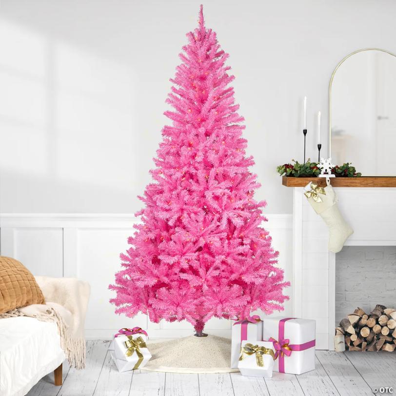 Pre-Lit Medium Artificial Pine Christmas Tree - 7' - Pink - Clear Lights