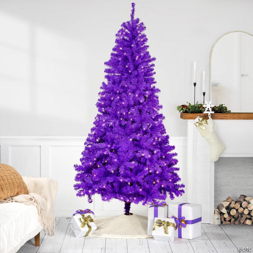 Pre-Lit Medium Artificial Pine Christmas Tree - 7' - Purple - Clear Lights