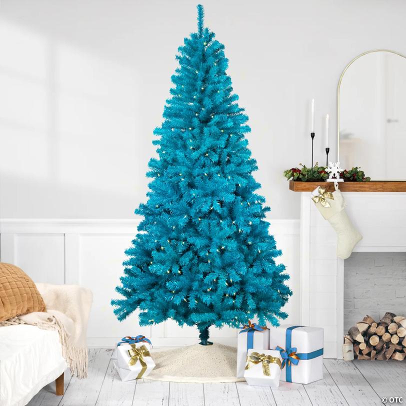 Pre-Lit Medium Artificial Pine Christmas Tree - 7' - Turquoise - Clear Lights