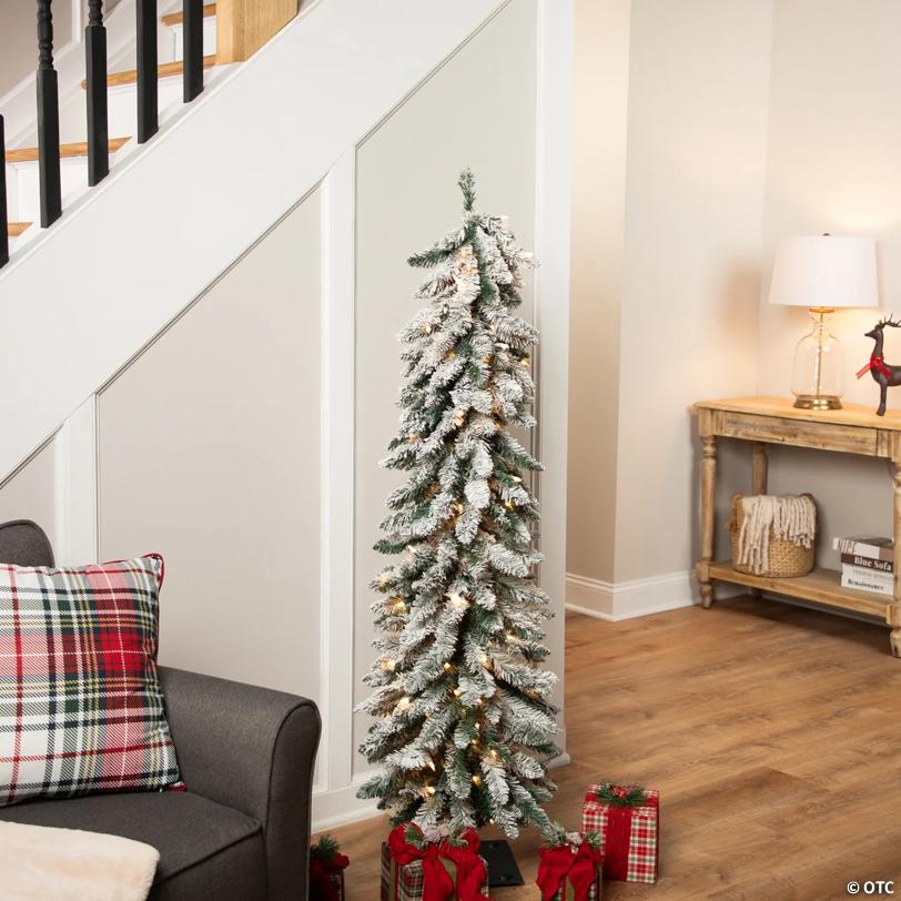 Pre-Lit Pencil Flocked Alpine Artificial Christmas Tree - 5' - Clear Lights