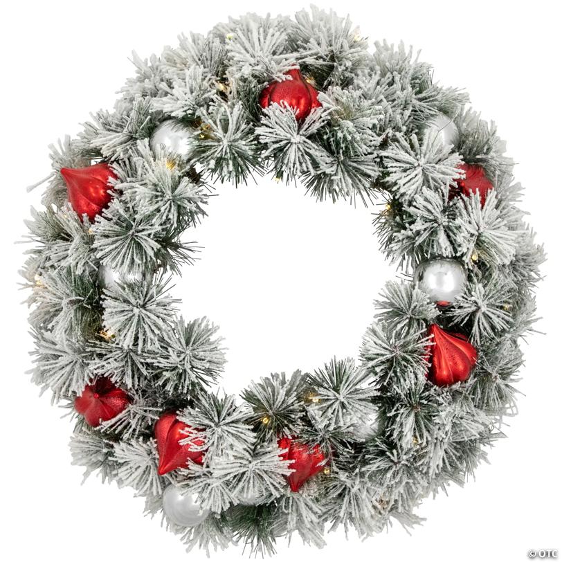 Pre-Lit Snowy Bristle Pine Christmas Wreath  24-Inch  Warm White LED Lights