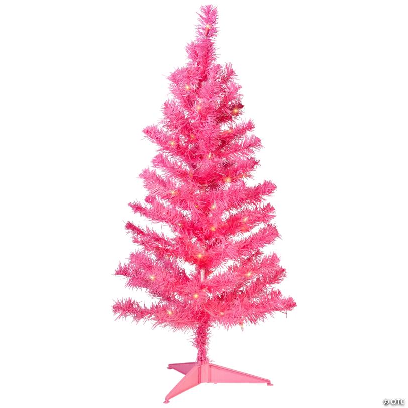 Pre-Lit Tinsel Artificial Christmas Tree - 3' - Pink - Clear Lights