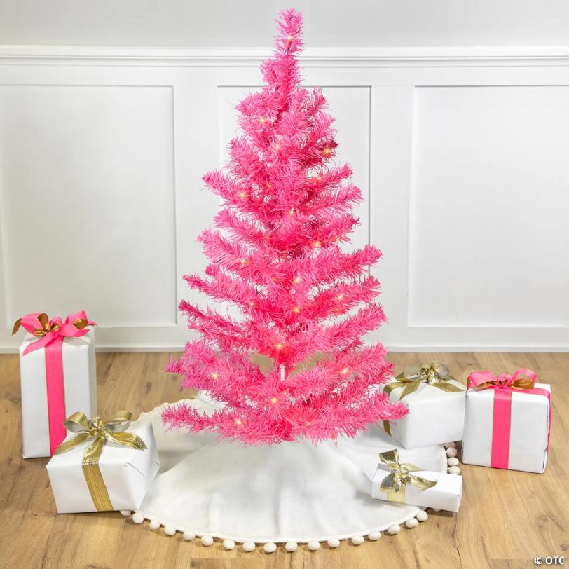 Pre-Lit Tinsel Artificial Christmas Tree - 3' - Pink - Clear Lights