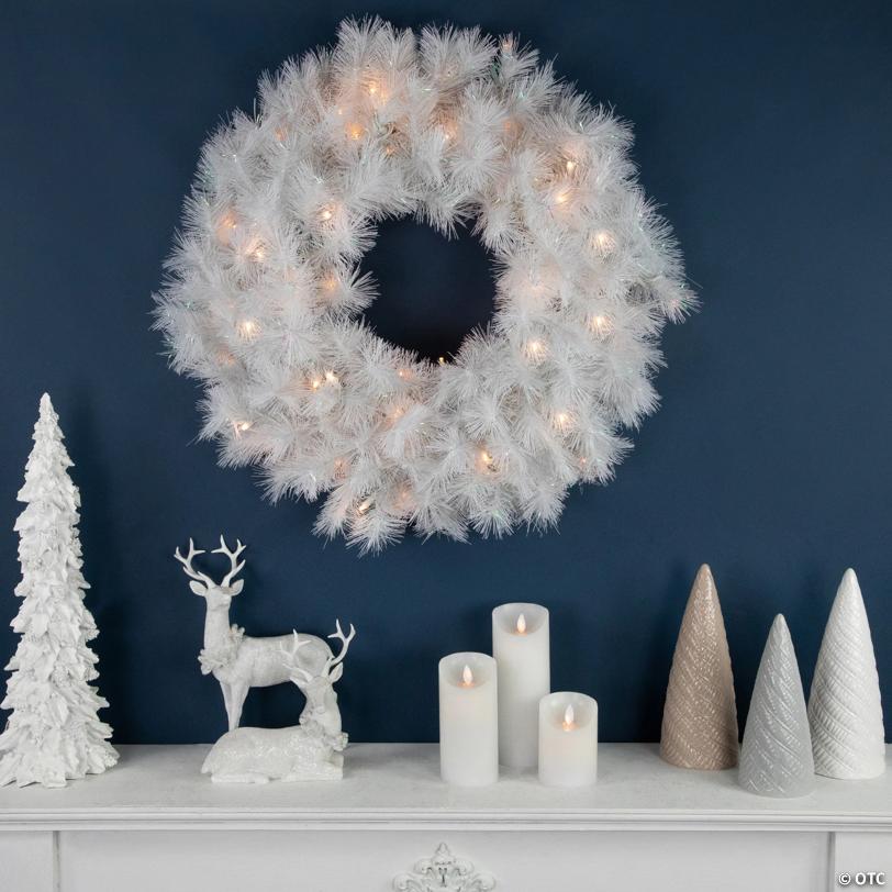Pre-Lit White Alaskan Pine Artificial Christmas Wreath - 24" - Warm White LED Lights