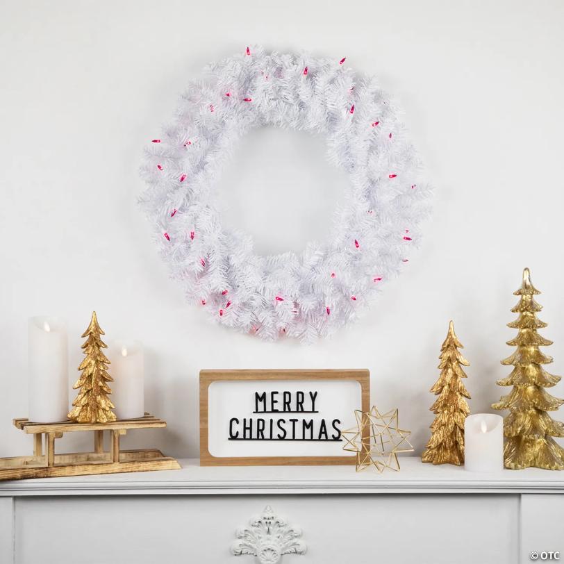 Pre-Lit Woodbury White Pine Artificial Christmas Wreath - 24" - Pink Lights