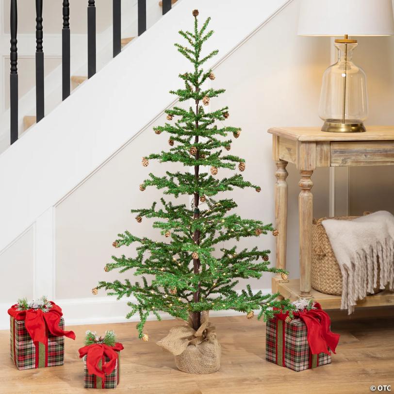 Pre-lit Christmas Tree with Pinecones and Burlap Base - 4' - Clear Lights