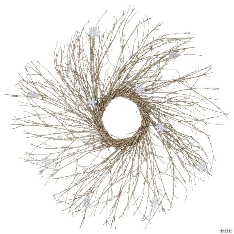 Pre-lit Glittered Twig and Snowflake Christmas Wreath - 28" - Warm White LED Lights