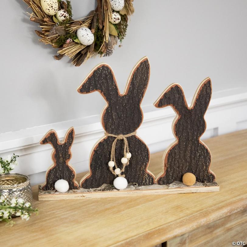 Rabbit Trio Wooden Tree Bark Easter Decoration - 15.75