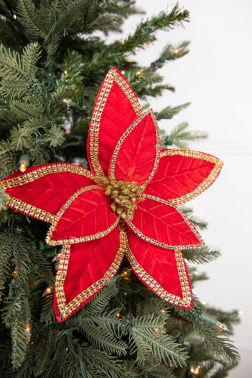 24” x 12" Velvet Jewel Edge Gold Trim Poinsettia Stem