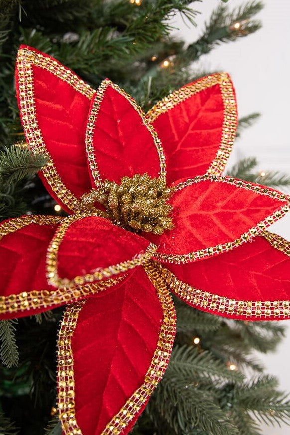 24” x 12" Velvet Jewel Edge Gold Trim Poinsettia Stem