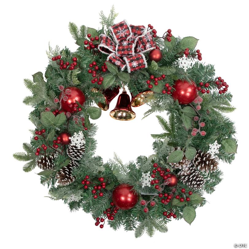 Red Bells and Mixed Foliage Artificial Christmas Wreath  30-Inch  Unlit