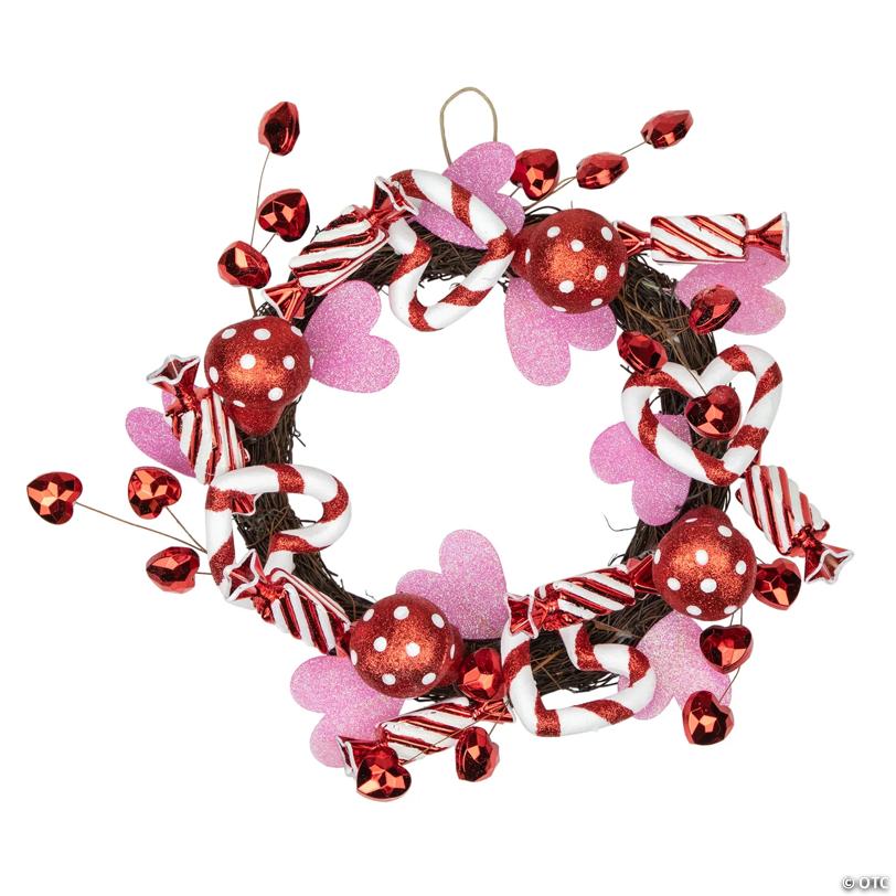 Red and White Candies and Hearts Valentine's Day Wreath  16-Inch  Unlit