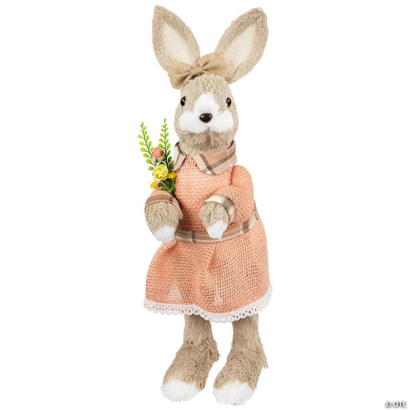 Rustic Girl Rabbit Easter Figure with Flowers - 15.25" - Beige